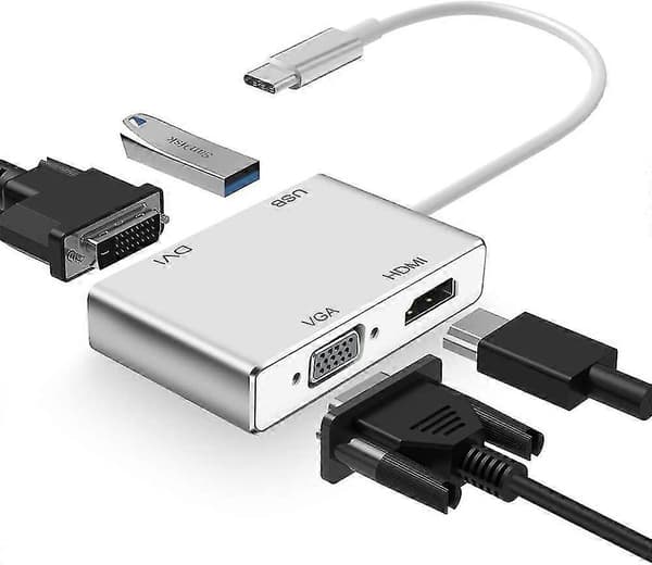 Usb C til Hdmi Dvi Vga Adapter, 4 i 1 Usb-c Hub til 4k Hdmi, Vga, Dvi Video Adapter, Han til Hun Multi-display Video Konverter