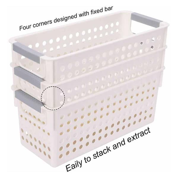 Small Plastic Storage Baskets, Kitchen Storage, Bedroom Shelf Storage Basket, 3-Pack (White, S)
