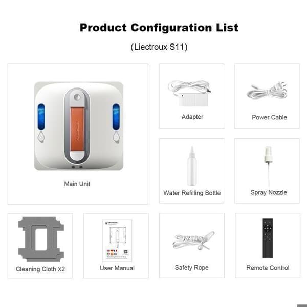 Robotvindusvasker - LIECTROUX - S11 - 4-veis spraying - Glassdeteksjon - Bluetooth-kontroll