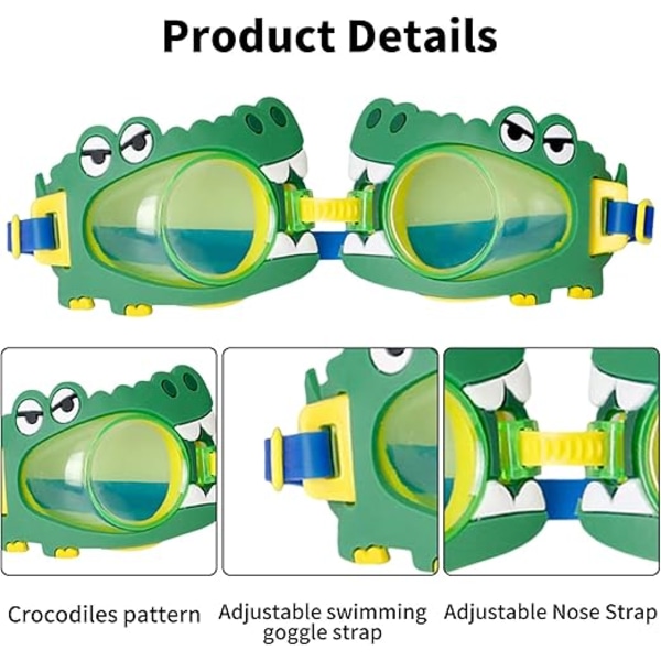 Barnsimglasögon med tecknade motiv, söta simglasögon för poolen, dykglasögon för barn, snorklingsglasögon för pojkar och flickor Crocodile