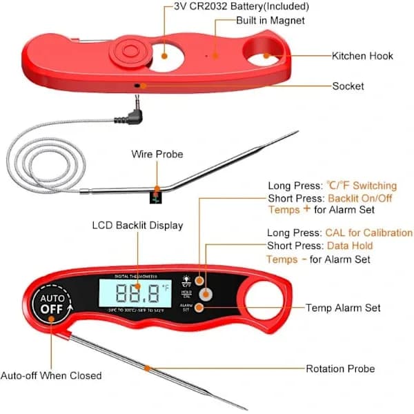 Ambidextrous Backlit Professional Digital Meat Thermometer with Instant Read