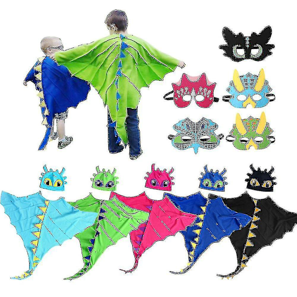 Drakkostym med Kappa, Hatt och Mask - Tandlös Drakkostym - Halloweenkostym - Cosplay - Dinosauriekostym för Barn Dark Blue