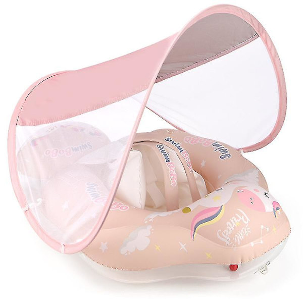 Baby Pool Float med UPF50+ Solskyddstak, Lägg till Svans Aldrig Vänd Uppblåsbar Baby Float för Småbarn 3-48 Månader (rosa) S