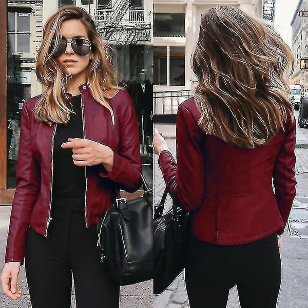 Solid Fall Kvinna Cykeljacka Konstläder Ytterplagg Dragkedja Outfit Vår Höst Kvinna Mode Kort Tunn Kvinna Jacka Kappa Snabb Style B Wine Red XXXL