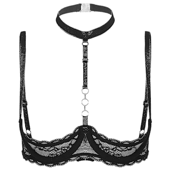 Damunderkläder, spetsbh med bygel, halterhalsband, O-ring, push-up, genomskinlig, Xinmu Red D L
