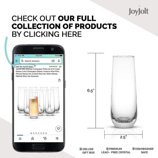 Milo Stemløse Champagneglass, Sett med 8 Krystallglass. 9,4 oz Champagneglass. Prosecco Vin Fløyte, Mimosa Glasssett, Cocktail Glasssett, Vann G