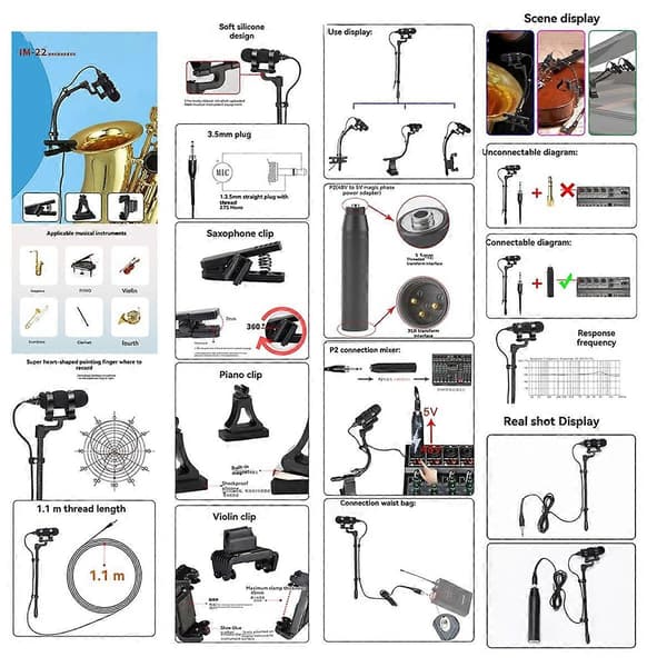 IM-22 Wired Microphone for Saxophone, Violin, Piano, Horn Hypercardioid Mini Portable Sax Microphone