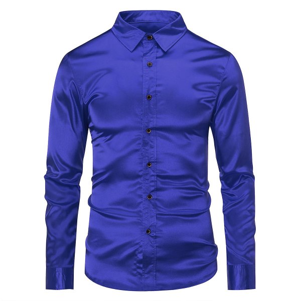 Sliktaa Miesten Casual Fashion Kiiltävä pitkähihainen Slim-Fit muodollinen paita Blue 2XL