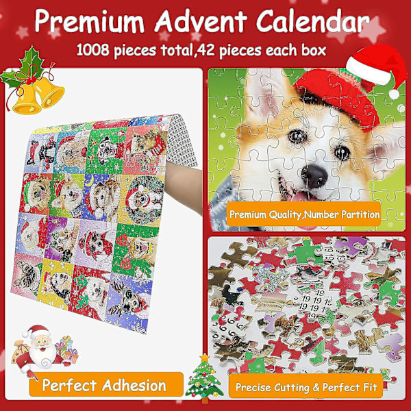 Puslespil Julekalender 2023, 1008 Brikker Julehunde Puslespil, 24 Dages Jule Nedtælling Julekalendere, Julegave