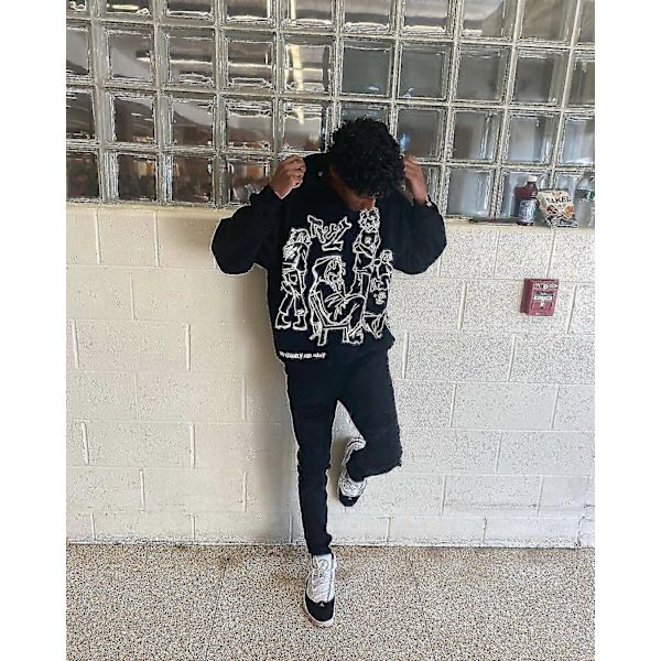 Aelfric Eden Miesten Graafiset Hupparit Vintage Painettu Huppari Pusero Rento Ylisuurinen Katutyyli Hiphop XL cartoon-black