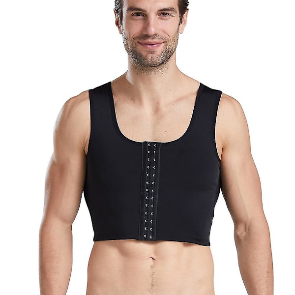 Kompressionskorsett för män, tanktop med tre rader spännen, formgivande undertröja för smalare silhuett Black M