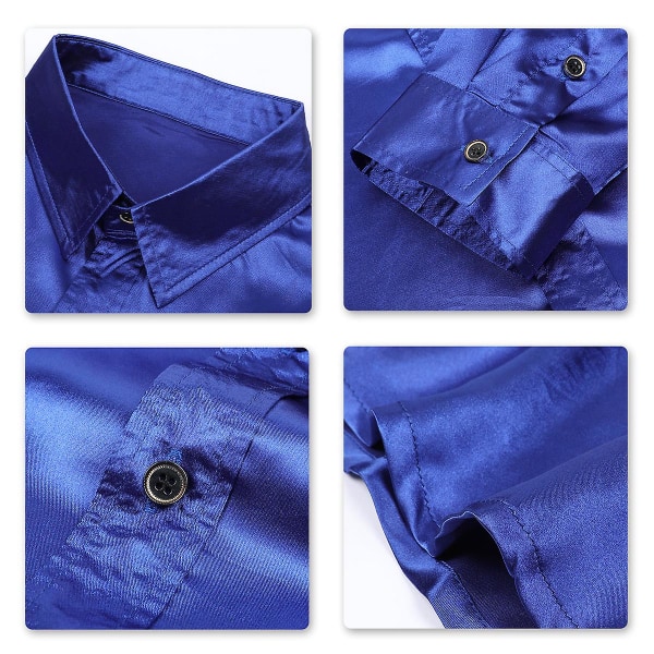 Sliktaa Herre Casual Fashion Shiny Langermet Slim-Fit formell skjorte Blue S