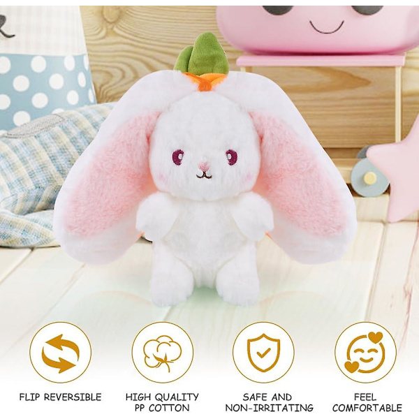 OSDUE Kanin Plyschleksak, Vändbar Kanin Morot Jordgubbe Kudde med Blixtlås, Jordgubbe Plysch Söt Kanin Plushie Leksak för Flickor Pojkar Påsk Barn Orange Carrot-23cm
