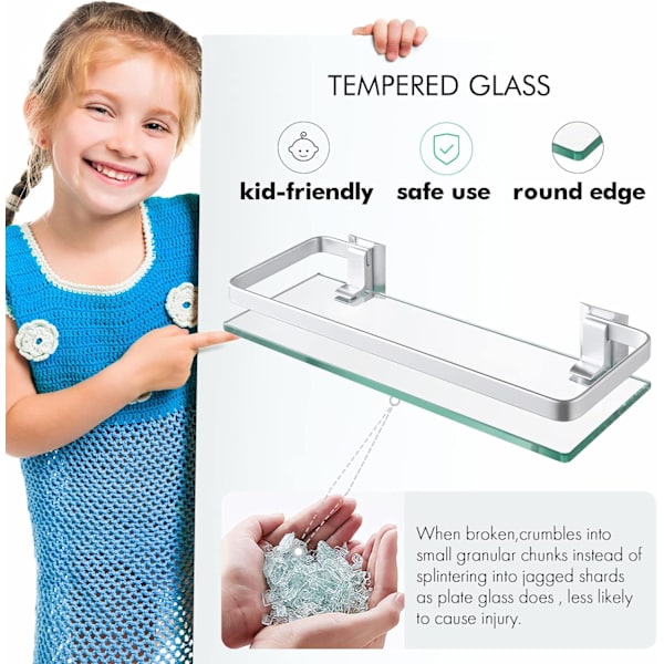 Glass Bathroom Shelf, Aluminum, 8mm Tempered Glass, Extra Thick, 1 Piece Rectangular, 1 Layer Storage Organizer, Wall Mounted, Silver