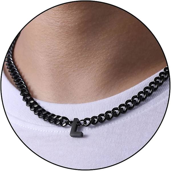 Initial A-z Cuban Link Kæde Halskæde Til Drenge Mænd Kvinder Bogstav Vedhæng Rustfrit Stål 6,5 mm 18+2 Tommer Smykker Gave Black L