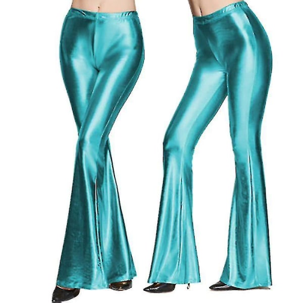 Kvinders 70'er havfrue skinnende metalliske flare benbukser Hippie metalliske bukser Yogabukser Teal XL