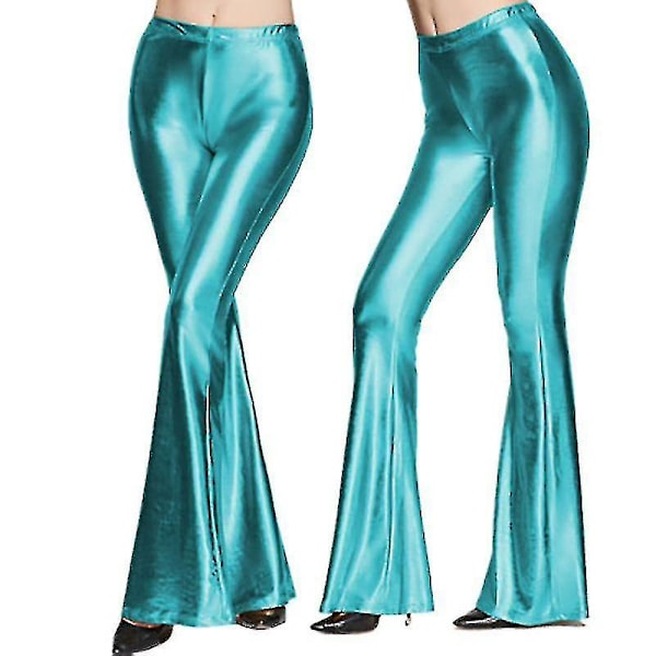 Naisten 70-luvun merenneito kiiltävät metalliset leveät housut Hippie metalliset housut Jooga-housut Teal L