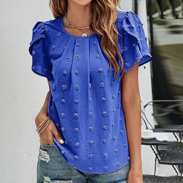 Naisten T-paita Pyöreäkauluksinen sifonkitopit pilkullinen tunikapusero rento terälehti- casual t-paita Royal Blue L