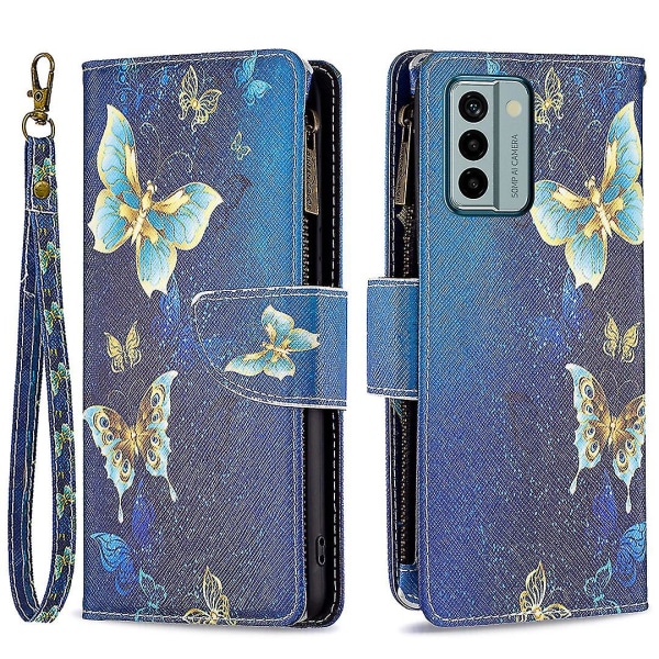 Lærveske med glidelås og mønstertrykk for Nokia G22 Bf03, lommebok, sammenleggbar stativdeksel Golden Butterflies