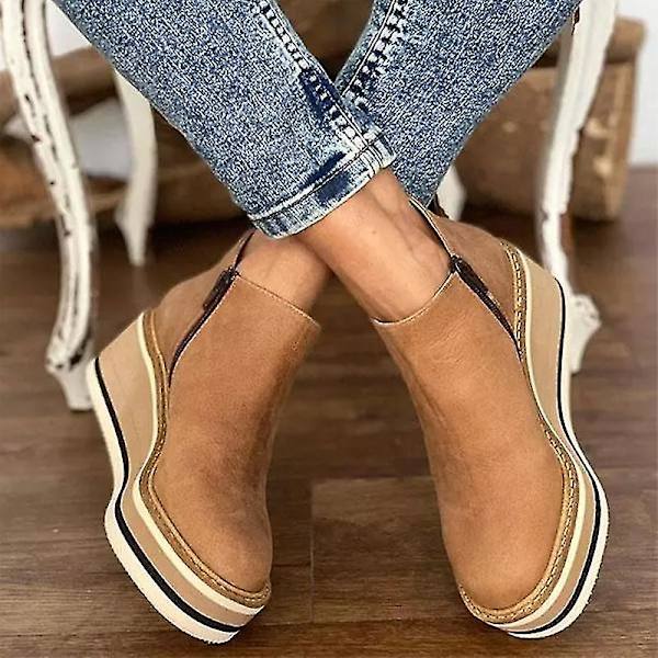 Dames Premium Solid Farvede Kile Ankelstøvler Runde Tå Fodtøj Kiler Casual Sko Mode Khaki 42