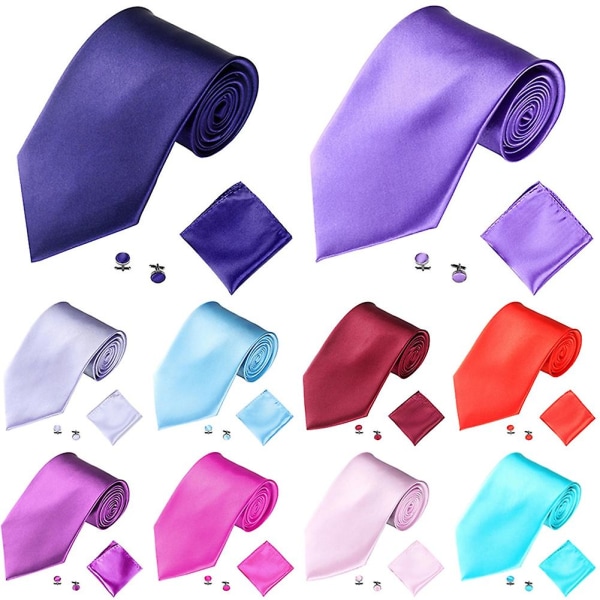Mænds mode ensfarvede jakkesæt Slips Slips Manchetknapper Hanky ​​Sæt Tuxedo Suit Light Purple