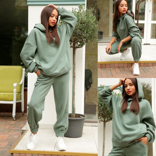 2-delt Hættetrøjesæt Ensfarvet Pullover Sweatshirt & Sweatpants Tykt Træningssæt Light gray S