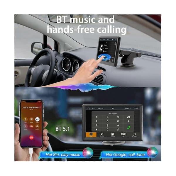 Portable Wireless Carplay Screen Dash Mount, 7 Inch Touch Screen Car Stereo Bluetooth, FM Car Radio, Reversing Camera, USB