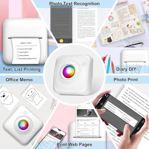 Bluetooth Thermal Printer for Mobile Printing, Inkless Printing for Creative Stickers, Portable Printer with High-Resolution Prints, Versatile
