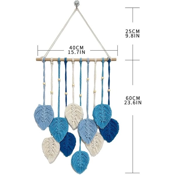 Macramé väggbonad, Boho vävd väggbonad med träpärlor och gröna blad blå bl\\\\u00e5 bl\\\\u00e5