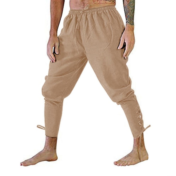 Miesten nilkkanauhahousut Kiinteät keskiaikaiset Viking Navigator Pirate Costumes -housut Khaki L