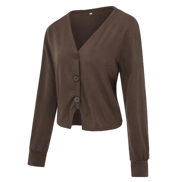 Bomuld Dame V-hals Fashion Design Løs ensfarvet Casual Cardigan 15 farver Brown XL