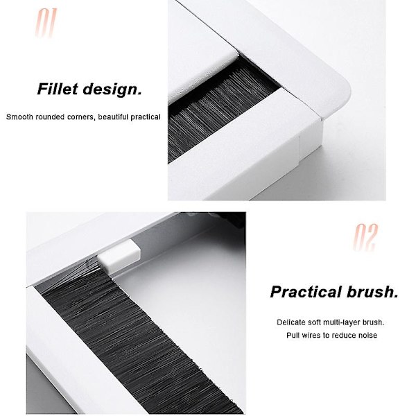 Kabelorganisering Uttak Med Børsteport Overflate Rektangel Skrivebord Grommet Aluminium Legering White