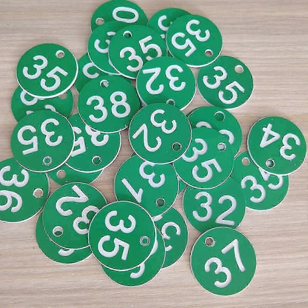 100 stk. graverede nummermærker 1-100 farvede identifikationsmærker kompatible med nøglering Green