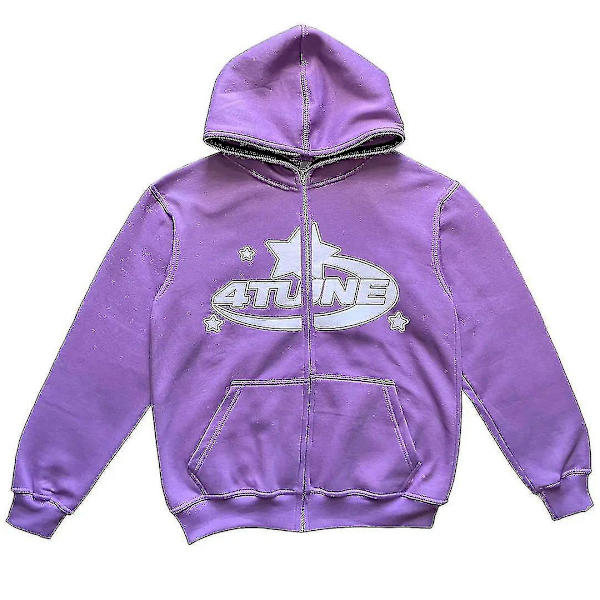 Kläder Stjärna Bokstavstryck Retro Oversized Hoodie Y2k Street Hip-hop Färg Casual Dragkedja Tröja Kvinnor L purple
