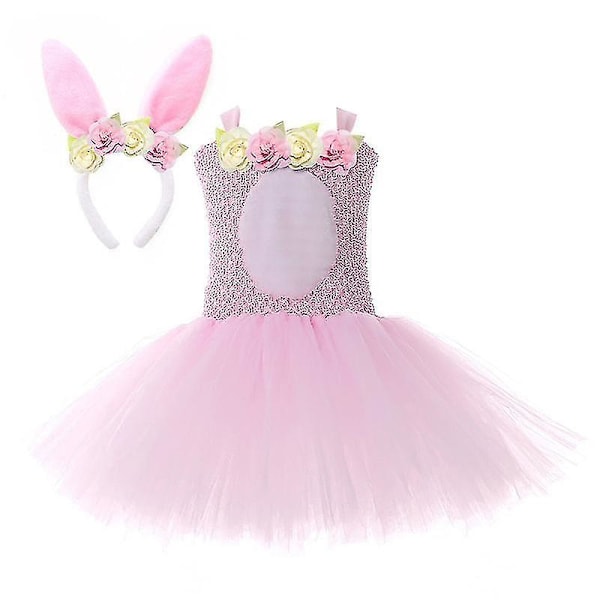 Flickors Påskkanin Rollspel Prinsessklänning Söt Plysch Kaninöron Fest Mesh Puffig Klänning_(FÅ DET) L(5-6Y)