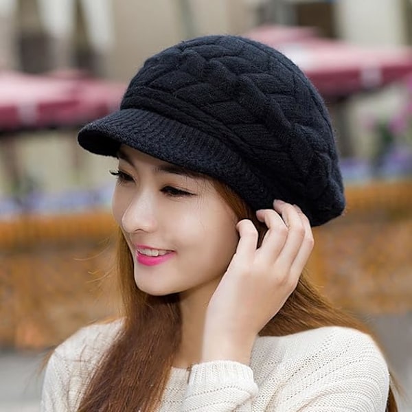 Women's Winter Warm Knitted Hat Wool Snow Ski Cap with Visor