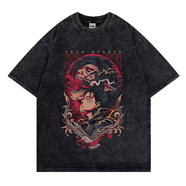 Vintage Tvättad T-shirt Attack On Titan Tryckt T-shirt Herrar Harajuku Oversize Tee Par Cotton Mode Herrar Y2k Streetwear L