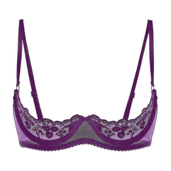 Dameundertøy med 1/4 kopper, underwire, halterhals, O-ring, gjennomsiktig blonde, push-up bh, Xinmu Purple D XL