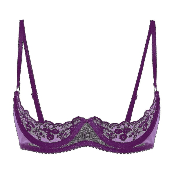 Kvinder 1/4 kopper bøjle-bh Halter-hals O-ring gennemsigtige blonder Push Up-bh-undertøj Lingeri bryst åben bh'er Undertøj Xinmu Purple D XL