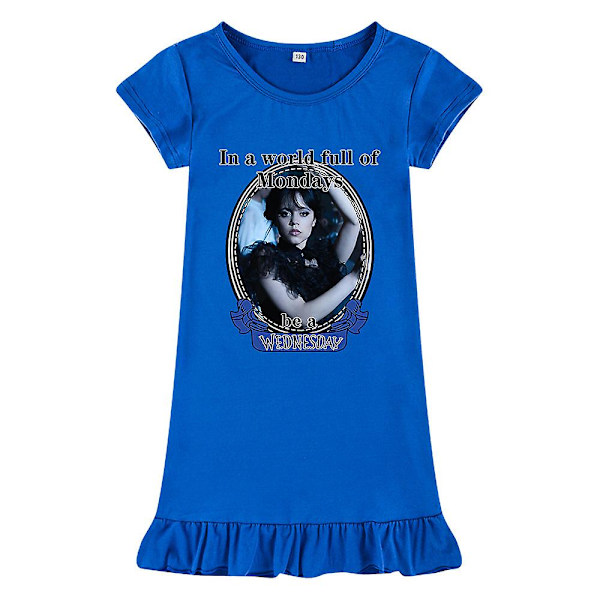 Barnflickor Wednesday Addams Tryckt Addams Familj Tema Sovklänning Kortärmad Sommar Rundhalslös Lös blue 110