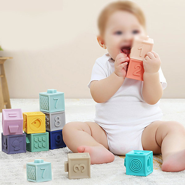 12 st Baby Sensory Leks Byggstenar Silikonblock Grepp Leksak 3D Silikon Bygg