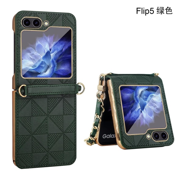 Z Flip 5 Case, Pu - Case Yhteensopiva Samsung Galaxy Z Flip 5 Takana näytönsuojalla ja hihnalla ja saranasuojalla Green