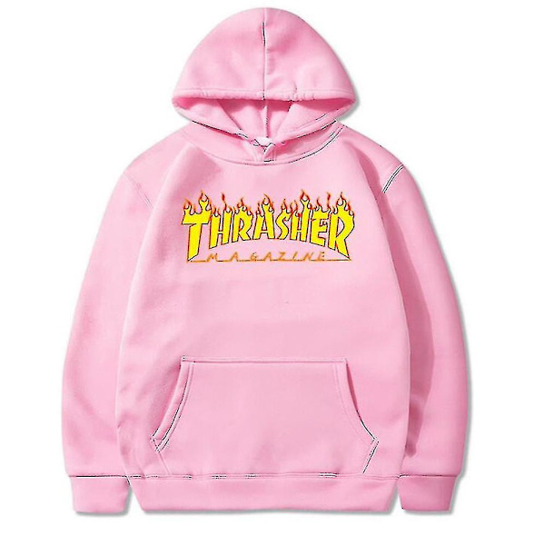 Unisex Thrasher Hoodie med Bokstavstryck, Sweatshirt med Snodd Huva och Fickor Pink M