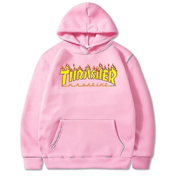 Unisex Thrasher Hoodie med Bokstavtrykk, Genseren med Hettesnor og Lomme Pink 2XL