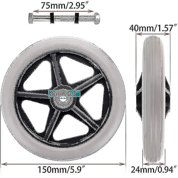 2 stk. 6 tommer gummihjul udskiftning rullestol forhjul rollator walker anti-slip udskiftning hjul grå