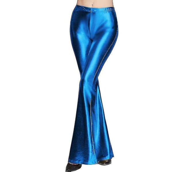 Dam 70-tal Mermaid Shiny Metallic Flare Leg Byxor Hippie Metallic Pants Yogabyxor Blue M