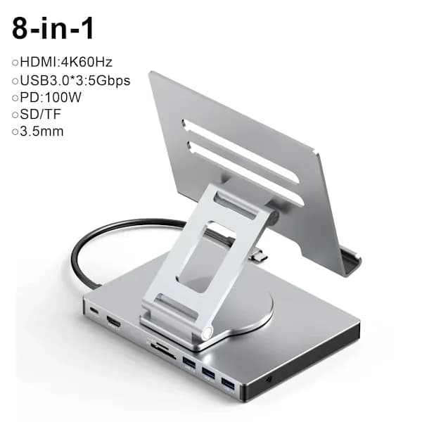 8-i-1 Dockningsstation för surfplattor och telefoner, stöder USB C-hubb, 4K, 60Hz, HDMI, 1000 Mbps Ethernet, 5 Gbps dataöverföring, PD100W