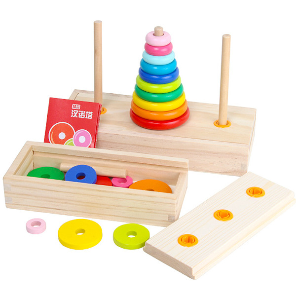 Hanoi Tower i trä, tio våningar, tidig utbildning, barns pedagogiskt spel för att odla barns logiska tänkande, rensningsspel Hanoi Tower