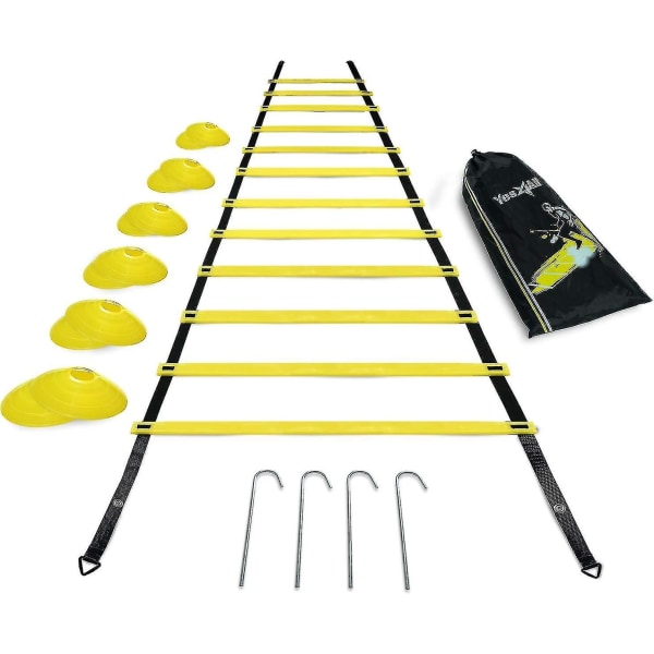 Ultimate Combo Agility Ladder Træningssæt Speed ​​Agility Ladder 12 justerbare trin, 12 agility kegler og 4 stålpæle - Inkluderet bæretaske Combo Yellow