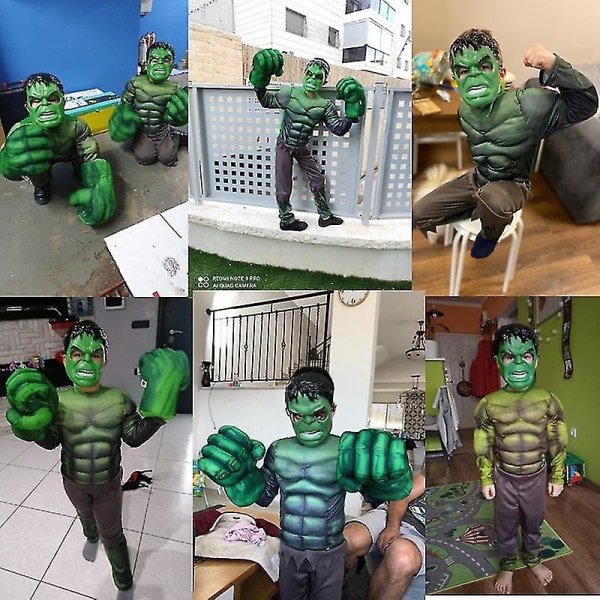 2023 Barn Grön Giant Hero Muscle Halloween Kostymer Fancy Pojkar Superhjältar Karneval Cosplay Kläder Mask Barn Julklappar gloves L